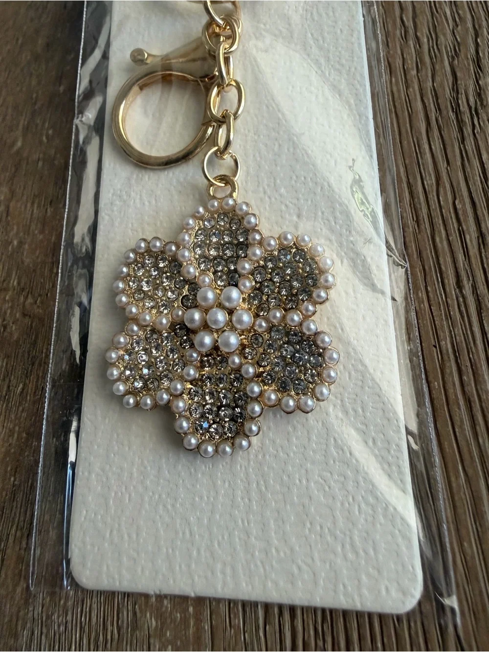 Blossom Gold-Tone Pearl & Rhinestone Flower Keychain Bag Charm, NWT